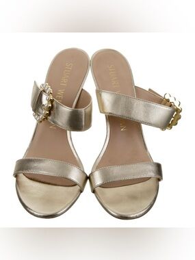 Stuart Weitzman Metallic Gold Pearl-Embellished Slide Heels